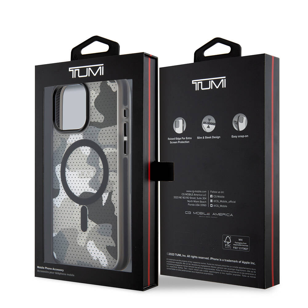 Apple iPhone 15 Pro Max Kılıf TUMI Orjinal Lisanslı Magsafe Şarj Özellikli Buzlanmış Saydam Ağ Kamuflajı Desenli Kapak Siyah