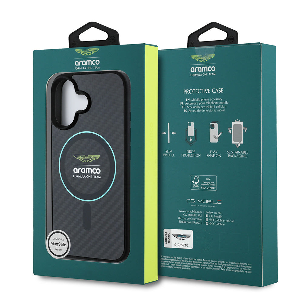 Apple iPhone 16 Kılıf Aston Martin Orjinal Lisanslı M-safe Şarj Özellikli Renkli Halka ve Karbon Fiber Tasarımlı Kapak Siyah-Yeşil