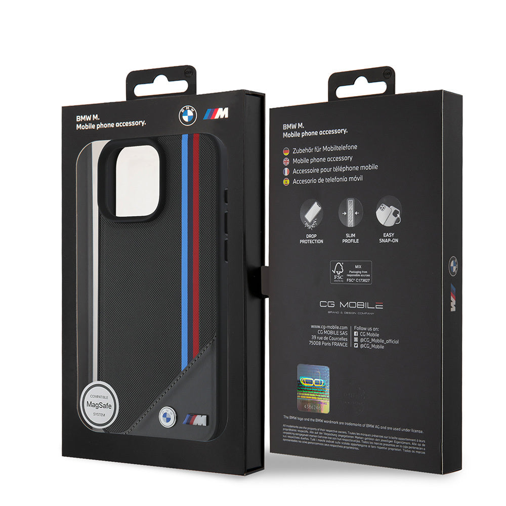 Apple iPhone 16 Kılıf BMW Orjinal Lisanslı Magsafe Şarj Özellikli M Logolu Üç Çizgili Dikiş Detaylı Meshed Tricolor Stripes Kapak Siyah