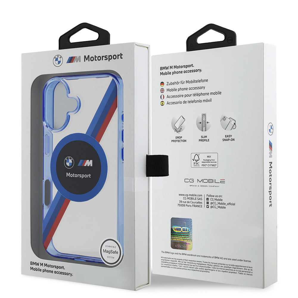 Apple iPhone 16 Kılıf BMW Orjinal Lisanslı Magsafe Şarj Özellikli M Logolu Üç Renk Çizgili Motorsport Circle Kapak Şeffaf