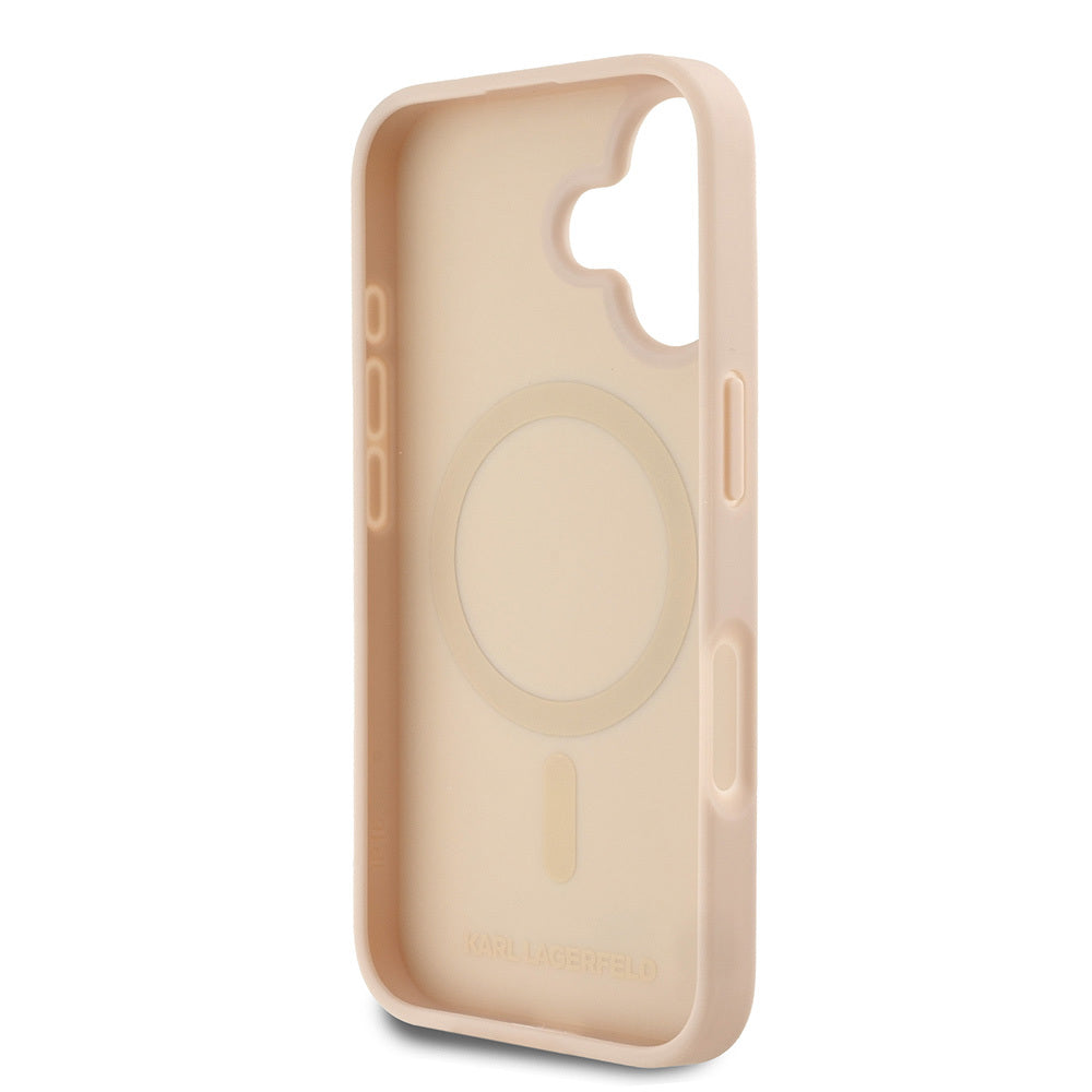 Apple iPhone 16 Kılıf Karl Lagerfeld Orjinal Lisanslı Magsafe Şarj Özellikli KL Yazılı Hot Stamp Kapak Pembe