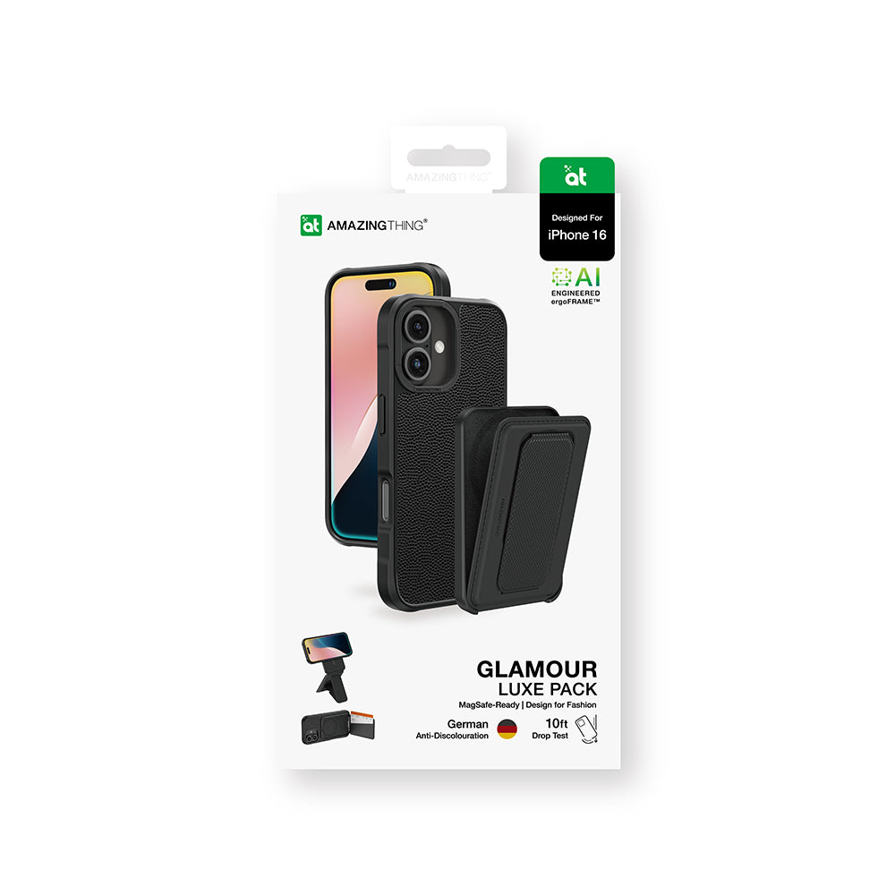 Apple iPhone 16 Kılıf Magsafe Şarj Özellikli Standlı Kartlıklı Set Amazingthing Glamour Luxe Serisi Kapak Siyah