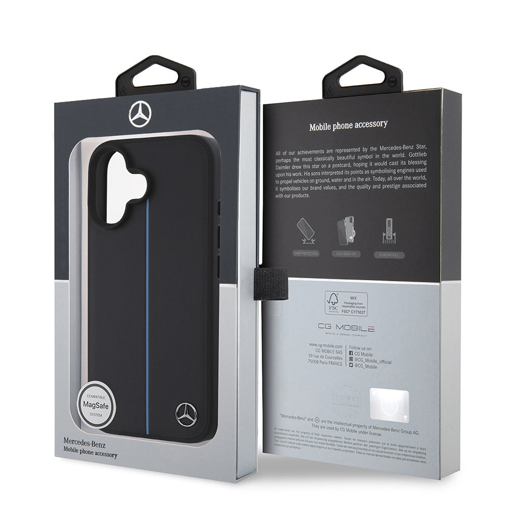 Apple iPhone 16 Kılıf Mercedes Benz Orjinal Lisanslı Magsafe Şarj Özellikli Metal Yıldız Logolu Mavi Çizgili Deri Kapak Siyah