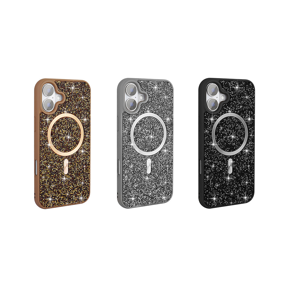 Apple iPhone 16 Kılıf Pırlanta Tasarımlı M-safe Şarj Özellikli Zore Mozaik Silikon Kapak Siyah