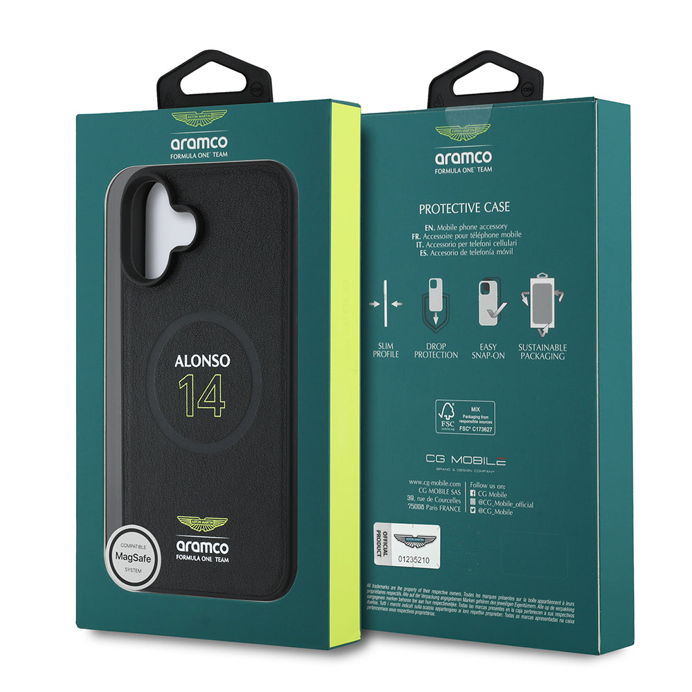 Apple iPhone 16 Plus Kılıf Aston Martin Orjinal Lisanslı M-safe Şarj Özellikli PU Deri Alonso 14 Baskılı Kapak Siyah