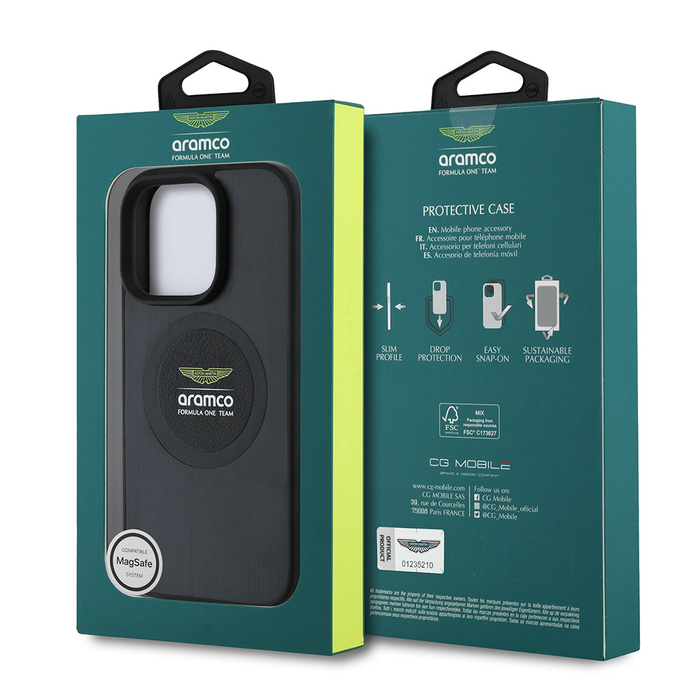 Apple iPhone 16 Pro Kılıf Aston Martin Orjinal Lisanslı M-safe Şarj Özellikli Aluminyum Arka Yüzeyli Formula One Team Baskılı Kapak Siyah