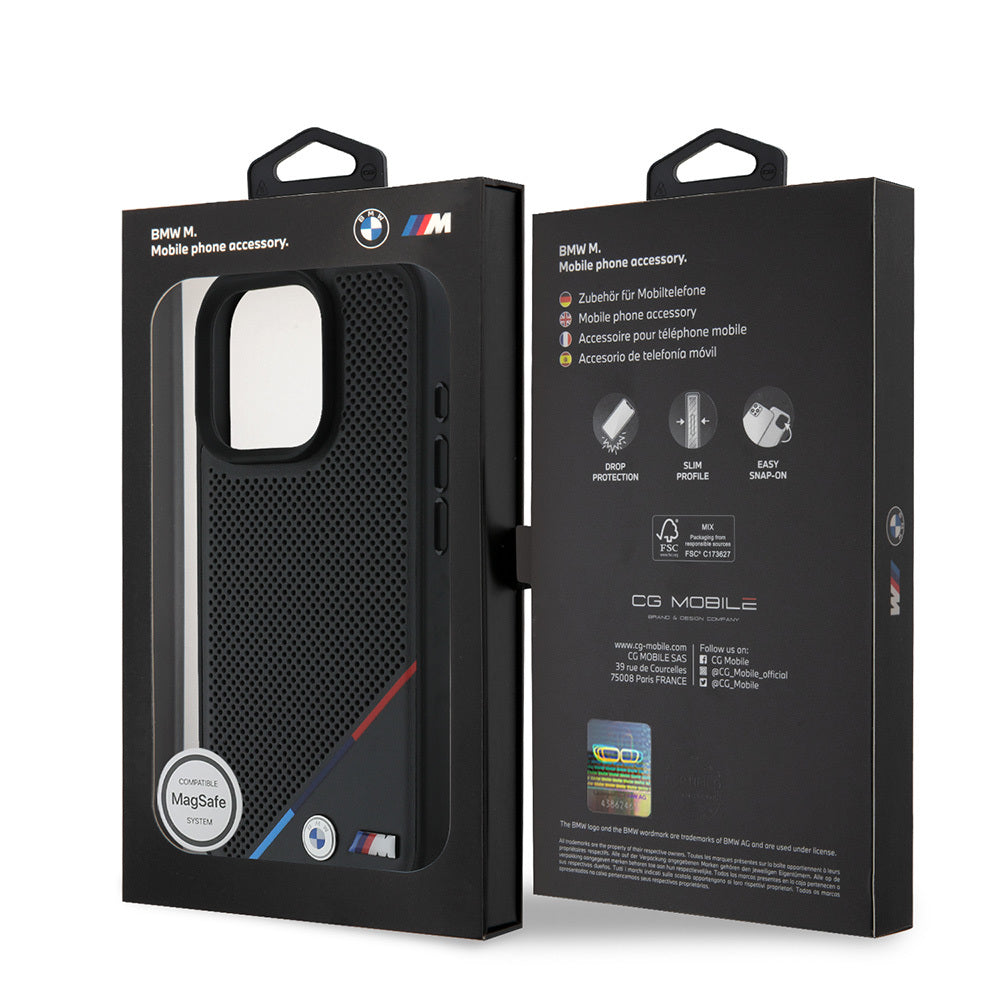 Apple iPhone 16 Pro Kılıf BMW Orjinal Lisanslı Magsafe Şarj Özellikli M Logolu Üç Çizgili Delikli Deri Kapak Siyah