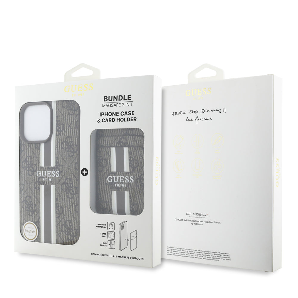 Apple iPhone 16 Pro Kılıf Guess Orjinal Lisanslı Magsafe Şarj Özellikli 4G Desenli Çizgili Kartlıklı Kapak Kahverengi