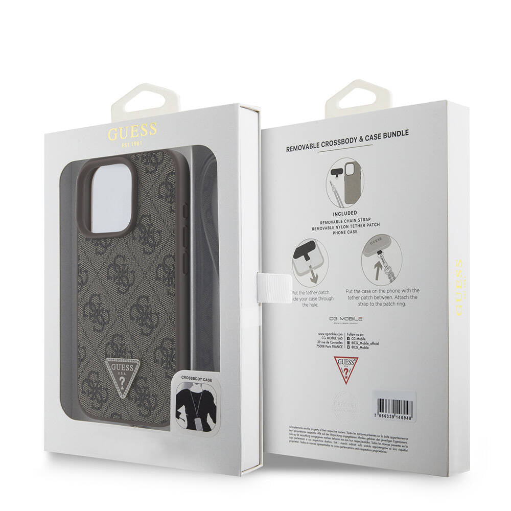 Apple iPhone 16 Pro Kılıf Guess Orjinal Lisanslı PU Deri Taşlı Metal Üçgen Logolu Çapraz Vücut Askılı 4G Desenli Kapak Siyah