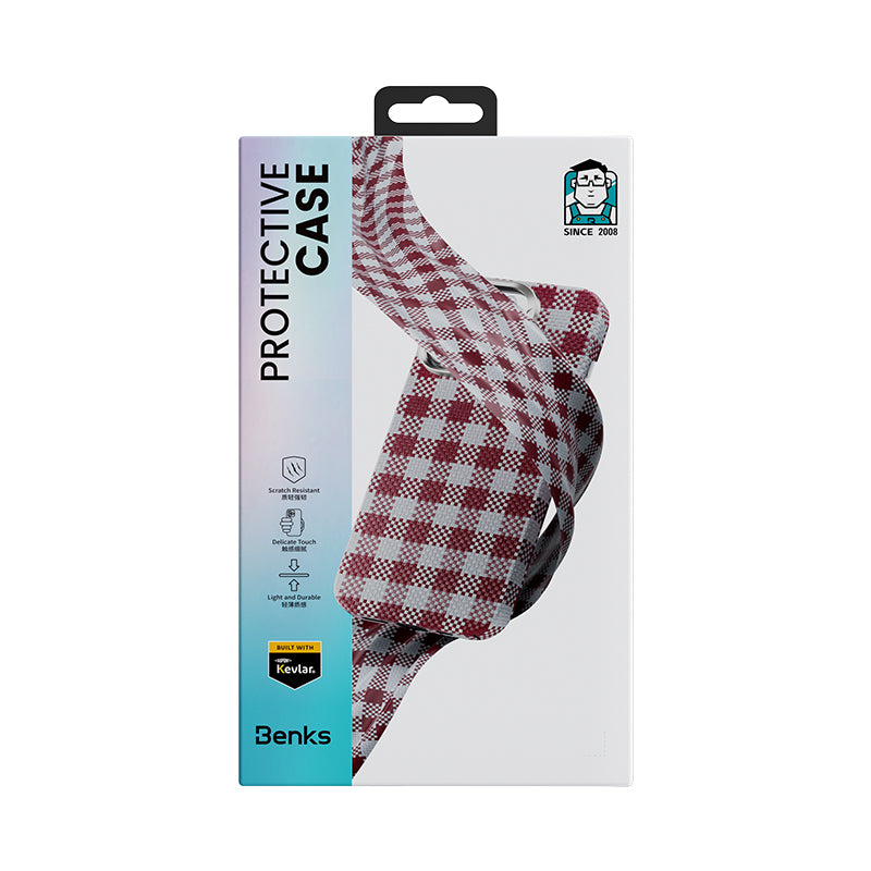 Apple iPhone 16 Pro Kılıf M-safe Şarj Özellikli Ekose Tasarımlı Benks ArmorVichy Kevlar Kapak Kırmızı