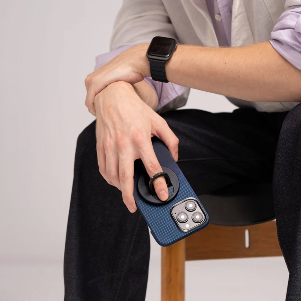 Apple iPhone 16 Pro Kılıf Magsafe Şarj Özellikli Grip 3 Standlı Aramid Fiber Pitaka Tactile Woven Sunset-Moonrise Serisi Moonrise Kapak Mavi