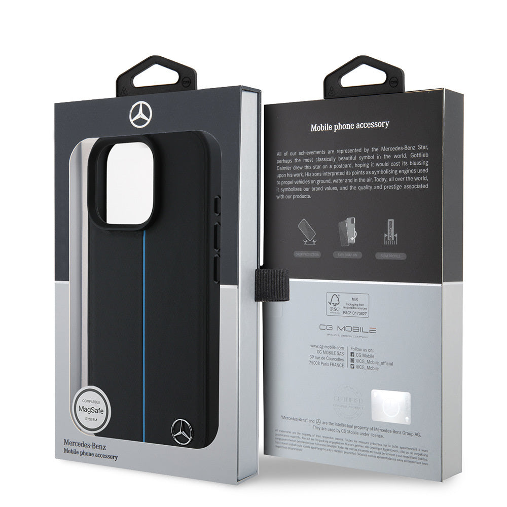 Apple iPhone 16 Pro Kılıf Mercedes Benz Orjinal Lisanslı Magsafe Şarj Özellikli Metal Yıldız Logolu Mavi Çizgili Deri Kapak Siyah