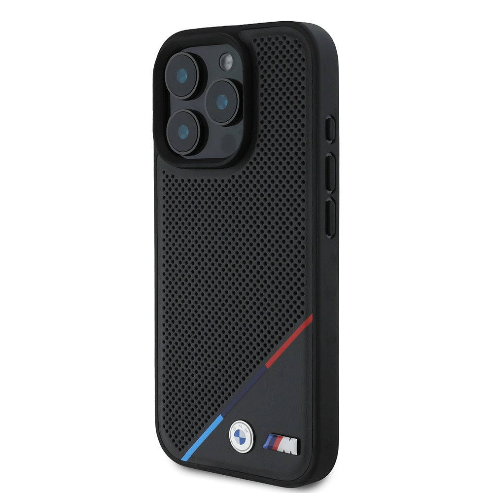 Apple iPhone 16 Pro Max Kılıf BMW Orjinal Lisanslı Magsafe Şarj Özellikli M Logolu Üç Çizgili Delikli Deri Kapak Siyah