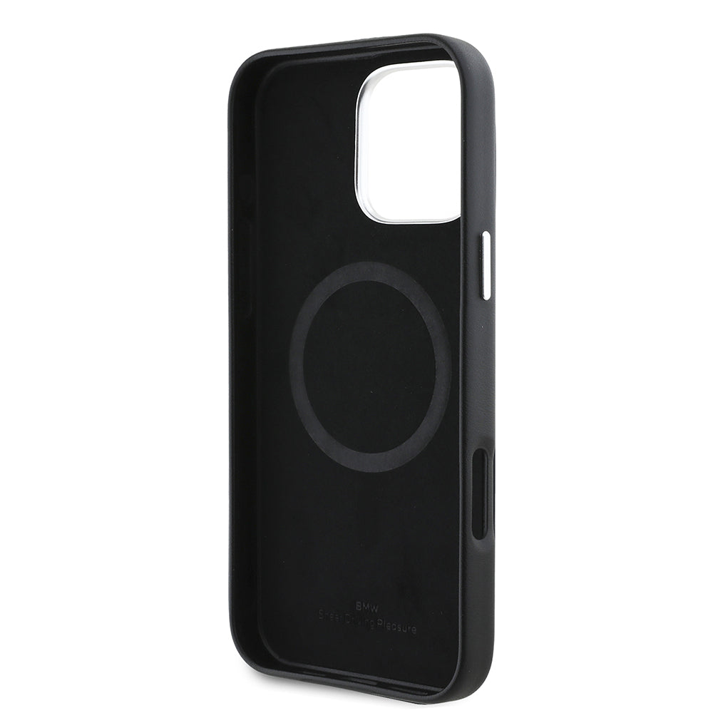 Apple iPhone 16 Pro Max Kılıf BMW Orjinal Lisanslı Magsafe Şarj Özellikli Metal Logolu Tam Kaplama Deri Kapak Siyah