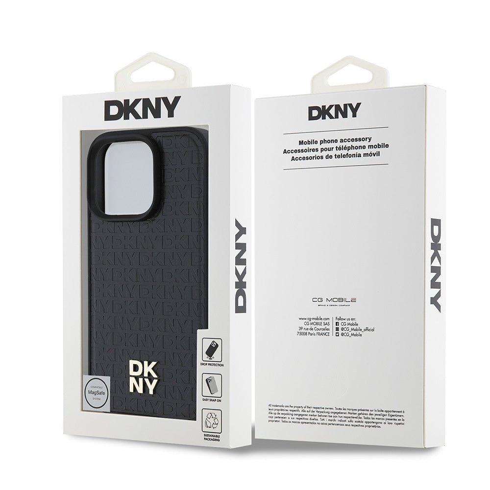 Apple iPhone 16 Pro Max Kılıf DKNY Orjinal Lisanslı Magsafe Şarj Özellikli 3D Yazılı Repeat Pattern Kapak Kahverengi