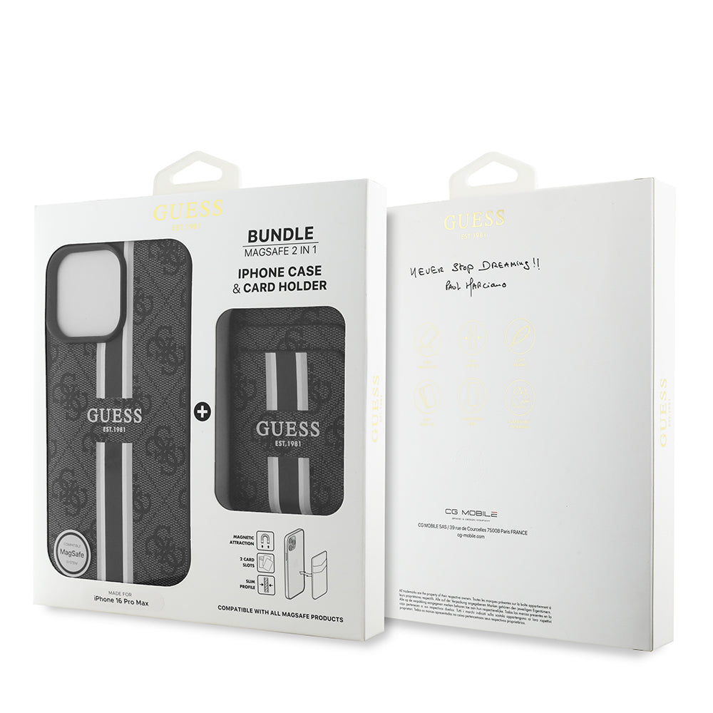 Apple iPhone 16 Pro Max Kılıf Guess Orjinal Lisanslı Magsafe Şarj Özellikli 4G Desenli Çizgili Kartlıklı Kapak Kahverengi