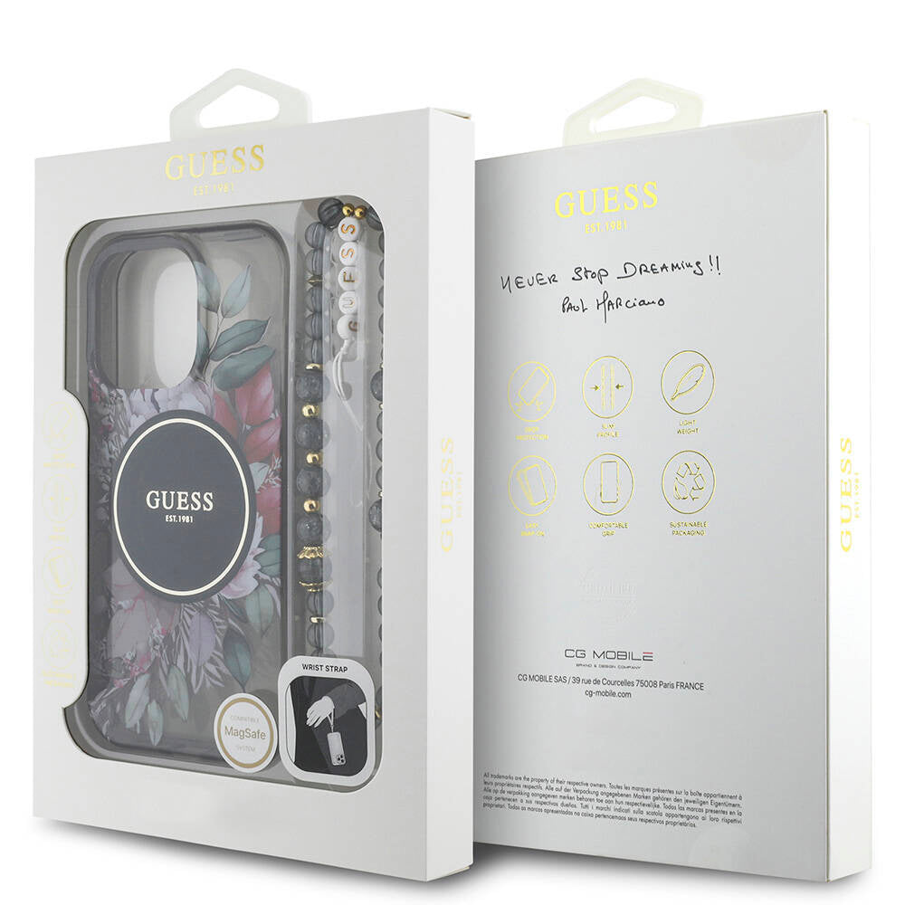 Apple iPhone 16 Pro Max Kılıf Guess Orjinal Lisanslı Magsafe Şarj Özellikli IML Baskılı Çiçek İnci Bileklikli Kapak Yeşil