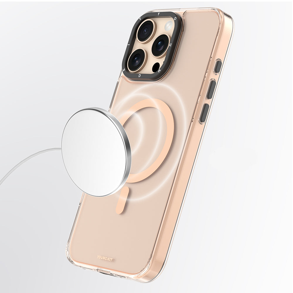 Apple iPhone 16 Pro Max Kılıf M-safe Şarj Özellikli Cam Arka Yüzey TPU Youngkit Gemstone Clear Serisi Kapak Gold