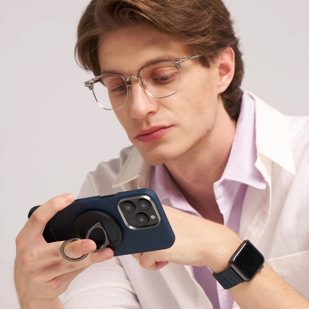 Apple iPhone 16 Pro Max Kılıf Magsafe Şarj Özellikli Grip 3 Standlı Aramid Fiber Pitaka Tactile Woven Sunset-Moonrise Serisi Moonrise Kapak Mavi