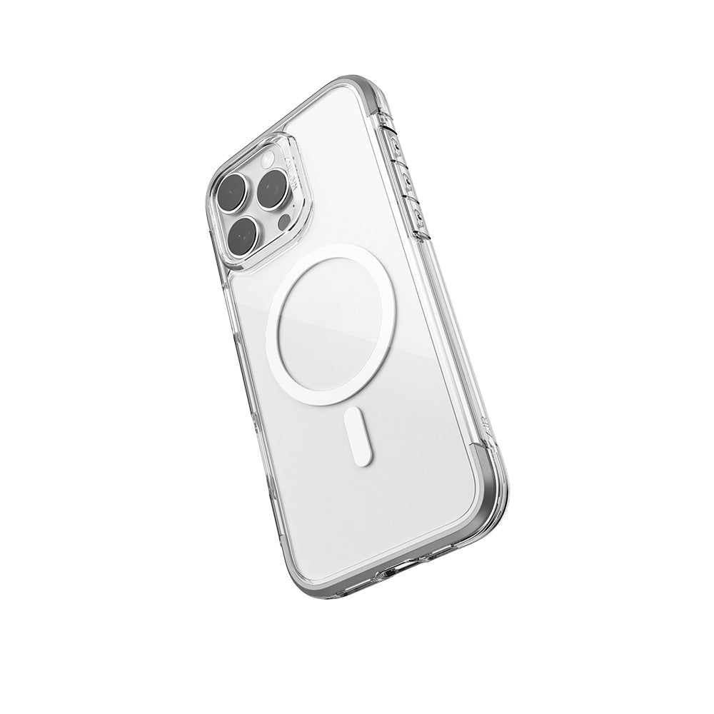 Apple iPhone 16 Pro Max Kılıf Magsafe Şarj Özellikli Raptic Air Serisi Airbag Tasarımlı Metal Köşelikli Şeffaf Kapak Gümüş