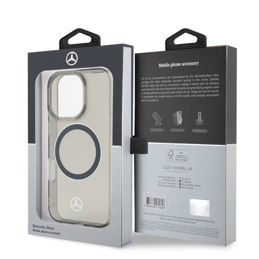 Apple iPhone 16 Pro Max Kılıf Mercedes Benz Orjinal Lisanslı Magsafe Şarj Özellikli Saydam Yüzey Silver Ring Kapak Siyah