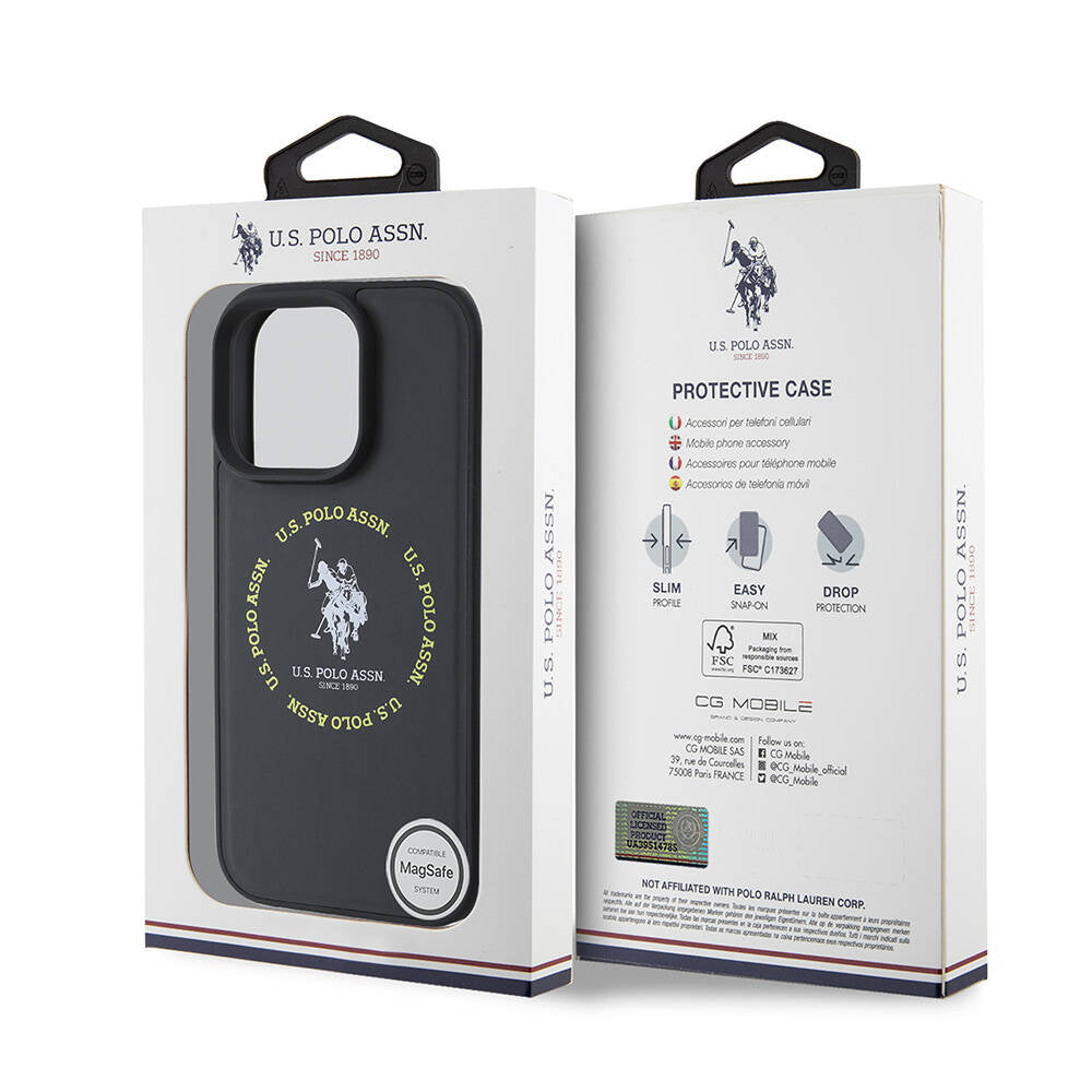 Apple iPhone 16 Pro Max Kılıf U.S. Polo Assn. Orjinal Lisanslı Magsafe Şarj Özellikli Circle ve Double Horse Logolu Deri Kapak Siyah