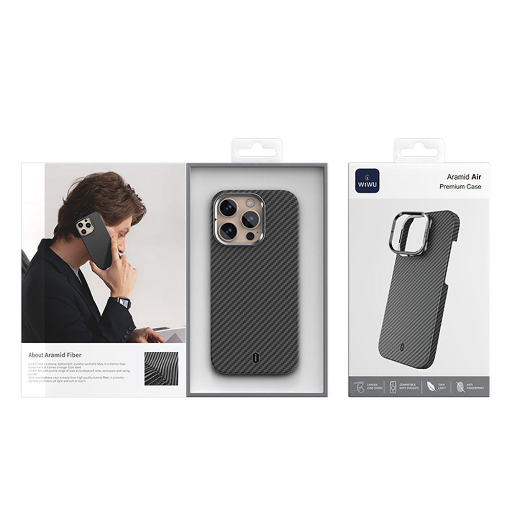 Apple iPhone 16 Pro Max Kılıf Wiwu DCC-206 M-safe Şarj Özellikli Kamera Standlı Aramid Fiber Tasarım Kevlar Kapak Siyah