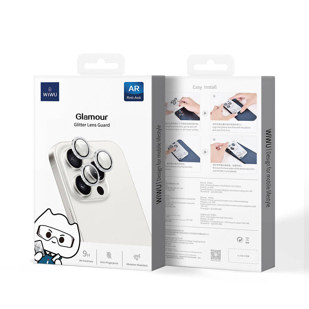 Apple iPhone 16 Pro Max Wiwu LG-006 Diamond Lens Guard Kolay Uygulama Aparatlı Kamera Lens Koruyucu Gri