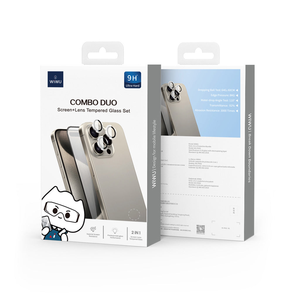 Apple iPhone 16 Pro Wiwu Wi-IP002 2in1 Temperli Cam Ahize Toz Önleyici Ekran Koruyucu ve Kamera Lens Koruyucu Set Şeffaf