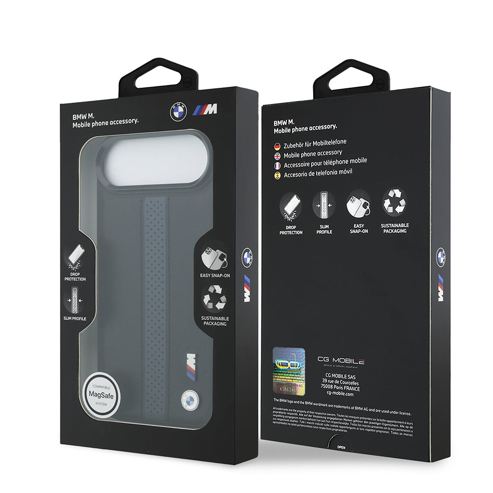 Apple iPhone 17 Air Kılıf BMW Orjinal Lisanslı M-safe Şarj Özellikli Deri Arka Yüzey Metal Logolu Delikli Şerit Tasarımlı Kapak Lacivert