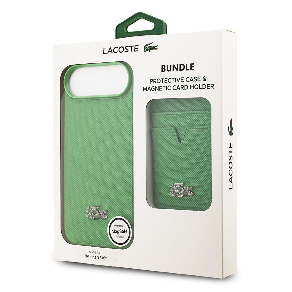 Apple iPhone 17 Air Kılıf Lacoste Orjinal Lisanslı M-safe Şarj Özellikli PU Pike Desenli Metal Logolu Kartlıklı Kapak Lacivert