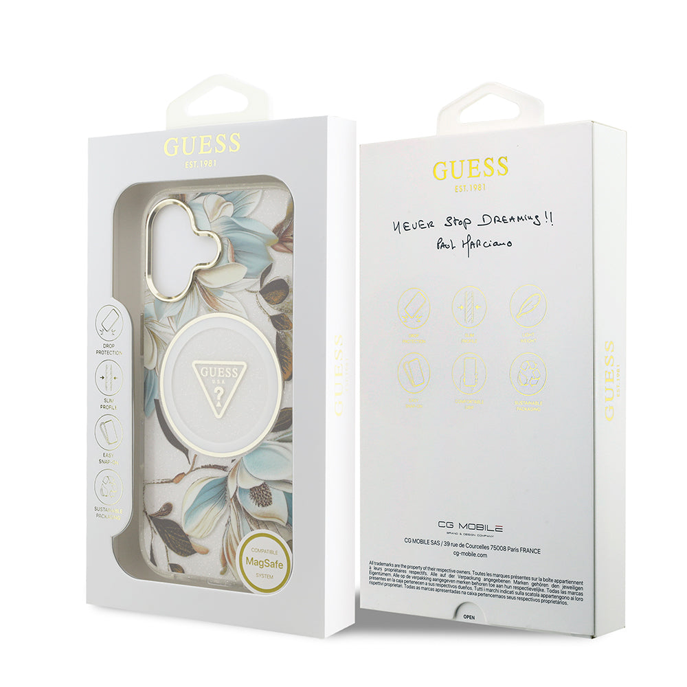 Apple iPhone 17 Kılıf Guess Orjinal Lisanslı M-safe Şarj Özellikli Simli Çiçek Desenli Metal Kamera Çerçeveli Üçgen Logolu Kapak Yeşil