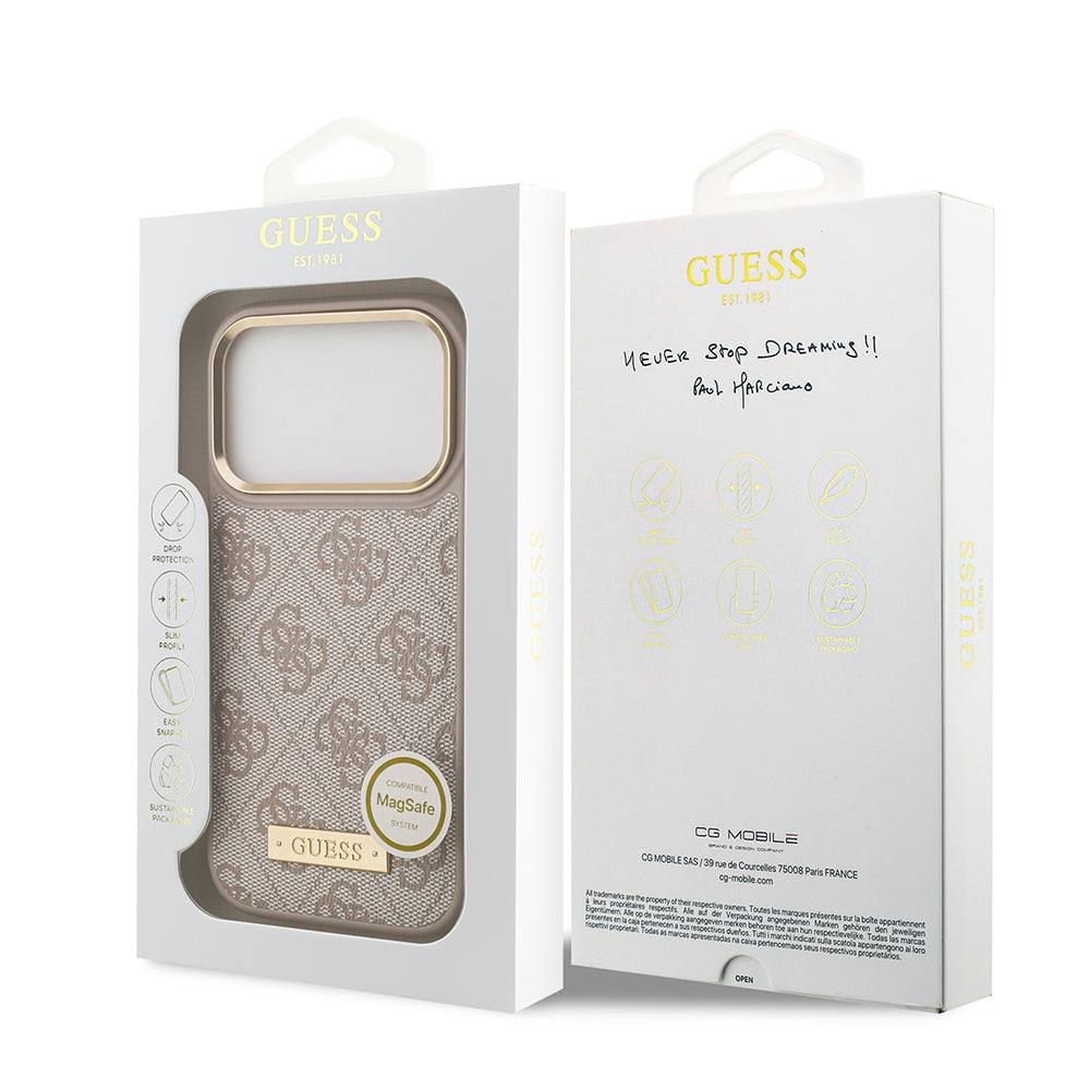 Apple iPhone 17 Pro Kılıf Guess Orjinal Lisanslı M-safe Şarj Özellikli 4G Desenli PU Metal Plaka Klasik Logolu Kapak Siyah