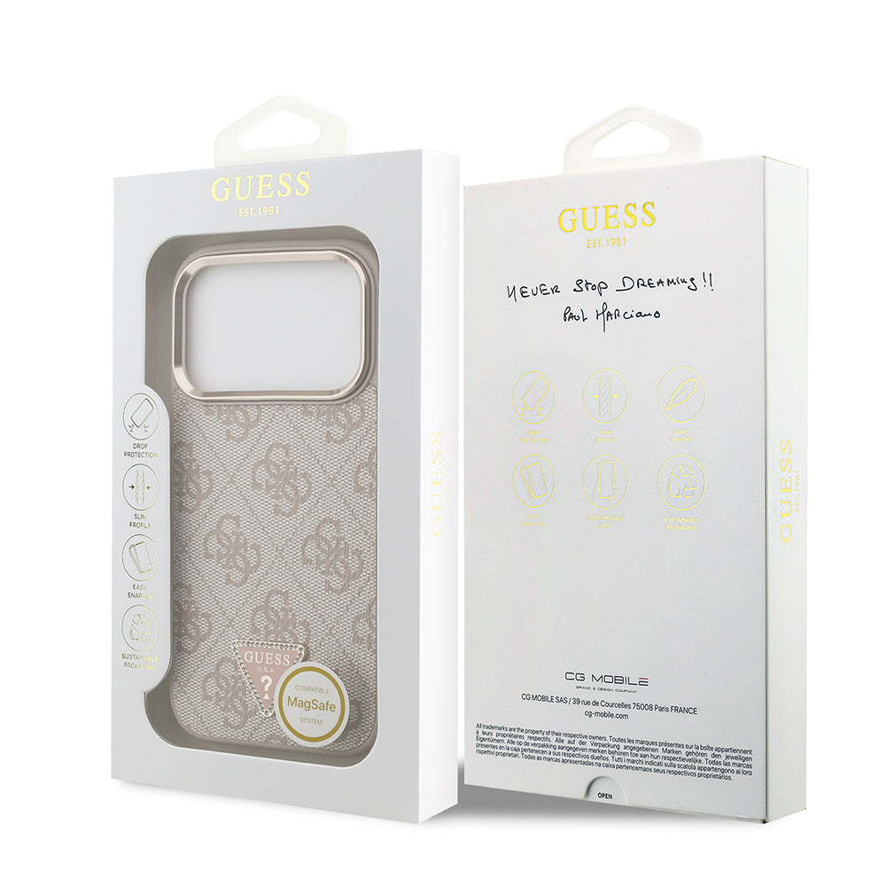 Apple iPhone 17 Pro Kılıf Guess Orjinal Lisanslı M-safe Şarj Özellikli Gold Metal Kamera Çerçeveli Taşlı Üçgen Logo 4G Desenli Kapak Siyah