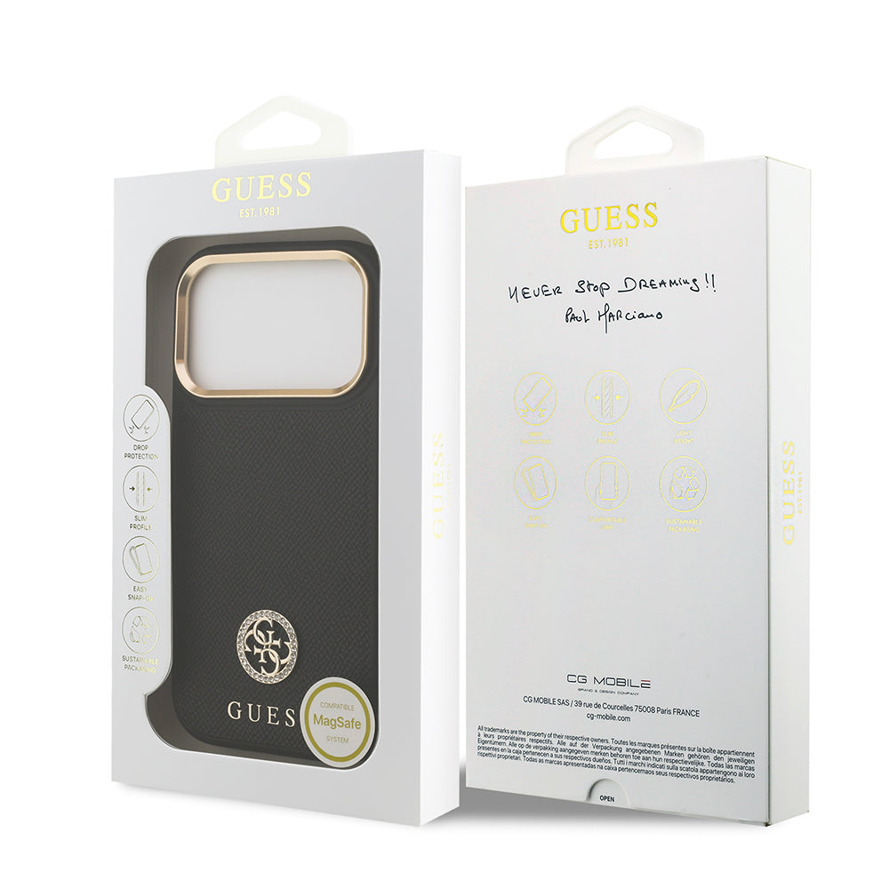 Apple iPhone 17 Pro Kılıf Guess Orjinal Lisanslı M-safe Şarj Özellikli Grained Yazı ve Taşlı 4G Logolu Kapak Kahverengi