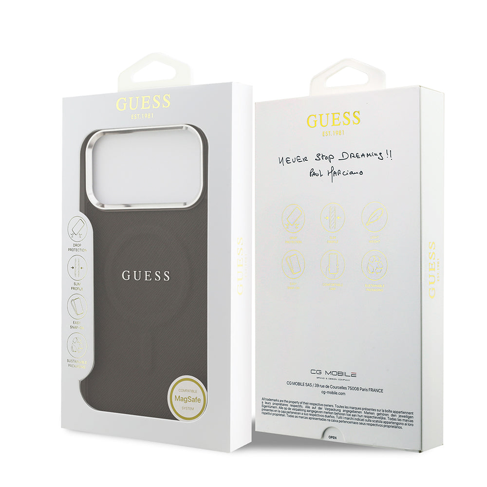 Apple iPhone 17 Pro Kılıf Guess Orjinal Lisanslı M-safe Şarj Özellikli Klasik Yazı Logolu PU Deri Kapak Siyah