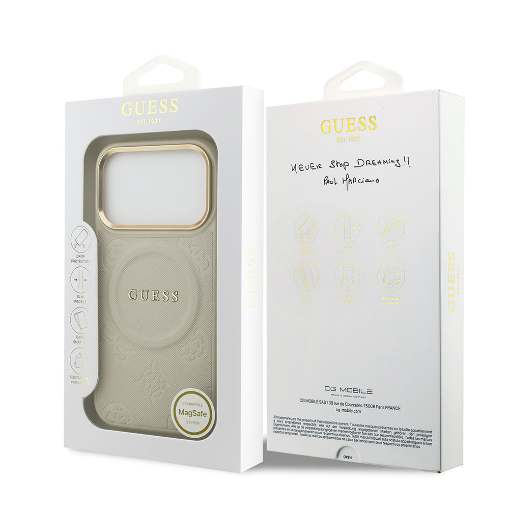 Apple iPhone 17 Pro Kılıf Guess Orjinal Lisanslı M-safe Şarj Özellikli Sıcak Baskılı Yazı Logolu PU Deri Peony Kapak Pembe