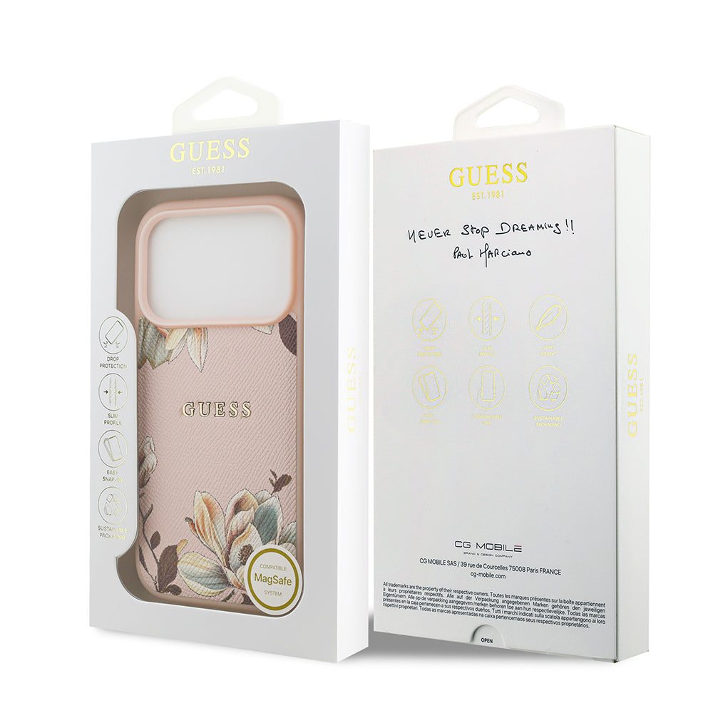 Apple iPhone 17 Pro Kılıf Guess Orjinal Lisanslı M-safe Şarj Özellikli Taneli Çiçek Tasarımlı Metal Yazı Logolu Kapak Siyah