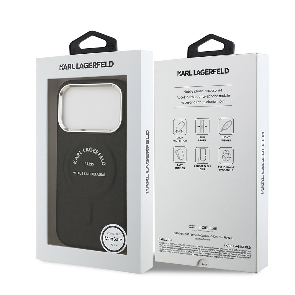 Apple iPhone 17 Pro Kılıf Karl Lagerfeld Orjinal Lisanslı M-safe Şarj Özellikli Metal Kamera ve Buton Tasarımlı Paris RSG PU Deri Kapak Siyah