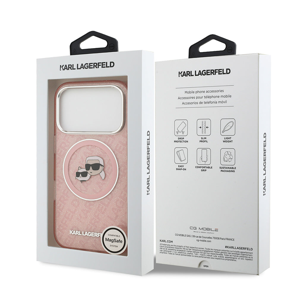 Apple iPhone 17 Pro Kılıf Karl Lagerfeld Orjinal Lisanslı Parlayan Simli Karl & Choupette Heads Kapak Pembe