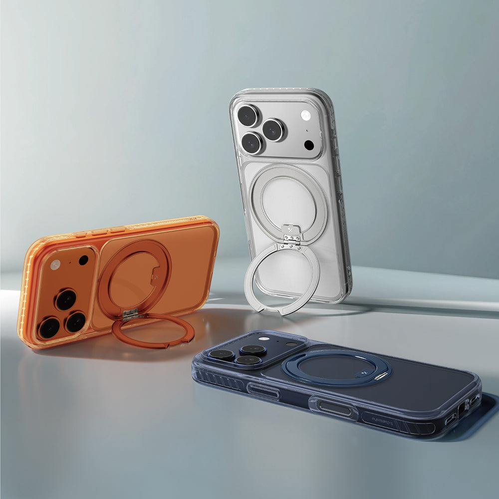 Apple iPhone 17 Pro Kılıf M-Safe Şarj Özellikli Airbag Tasarımlı Standlı AmazingThing Titan Pro MagSpin Kapak Turuncu