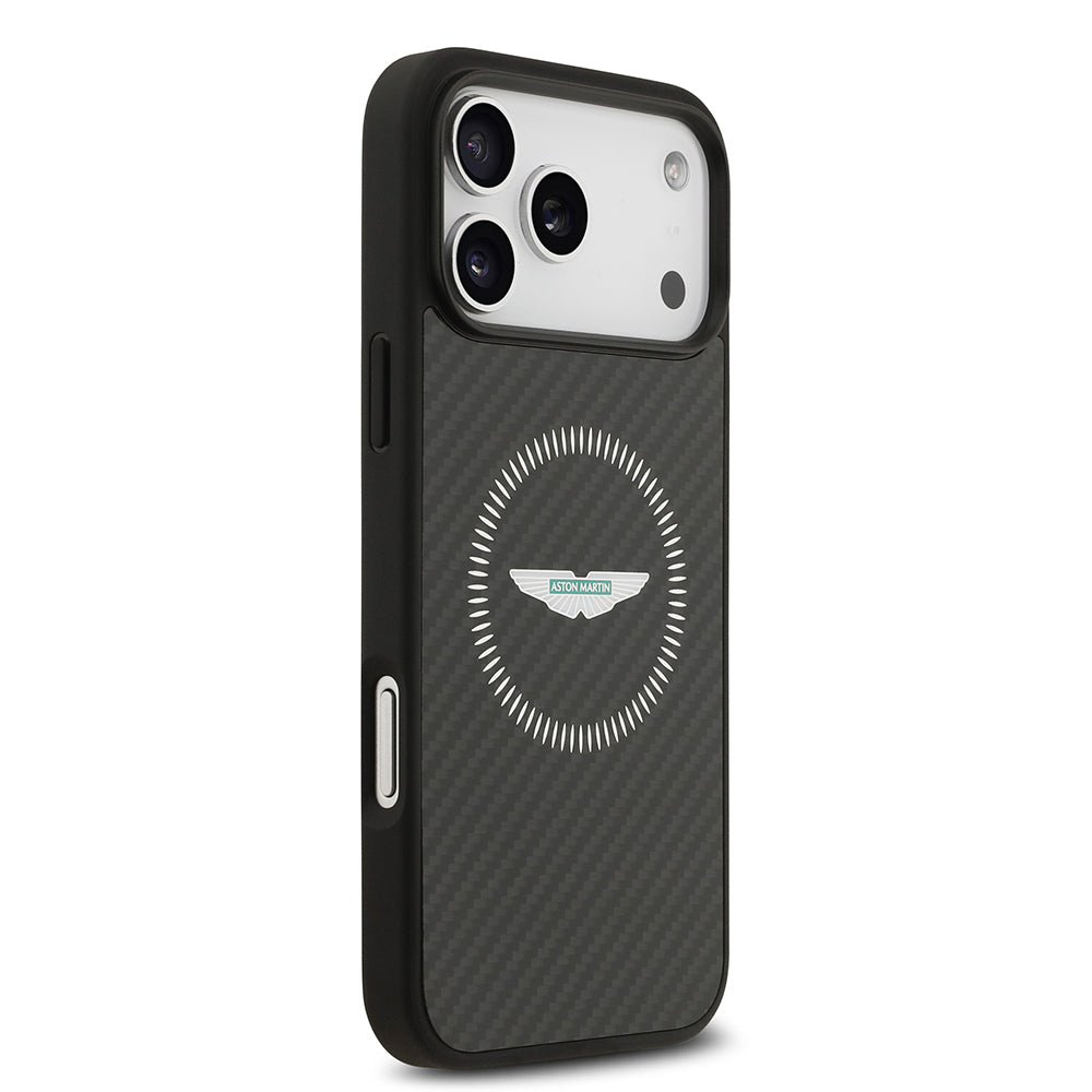 Apple iPhone 17 Pro Max Kılıf Aston Martin Orjinal Lisanslı M-safe Şarj Özellikli Karbon Fiber Kevlar Kapak Siyah