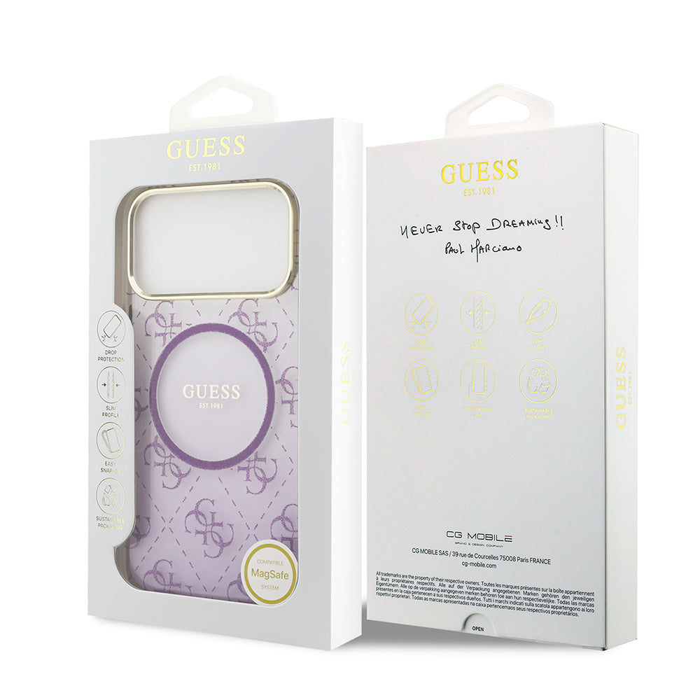 Apple iPhone 17 Pro Max Kılıf Guess Orjinal Lisanslı M-safe Şarj Özellikli 4G Desenli Simli Silikon Kapak Mor