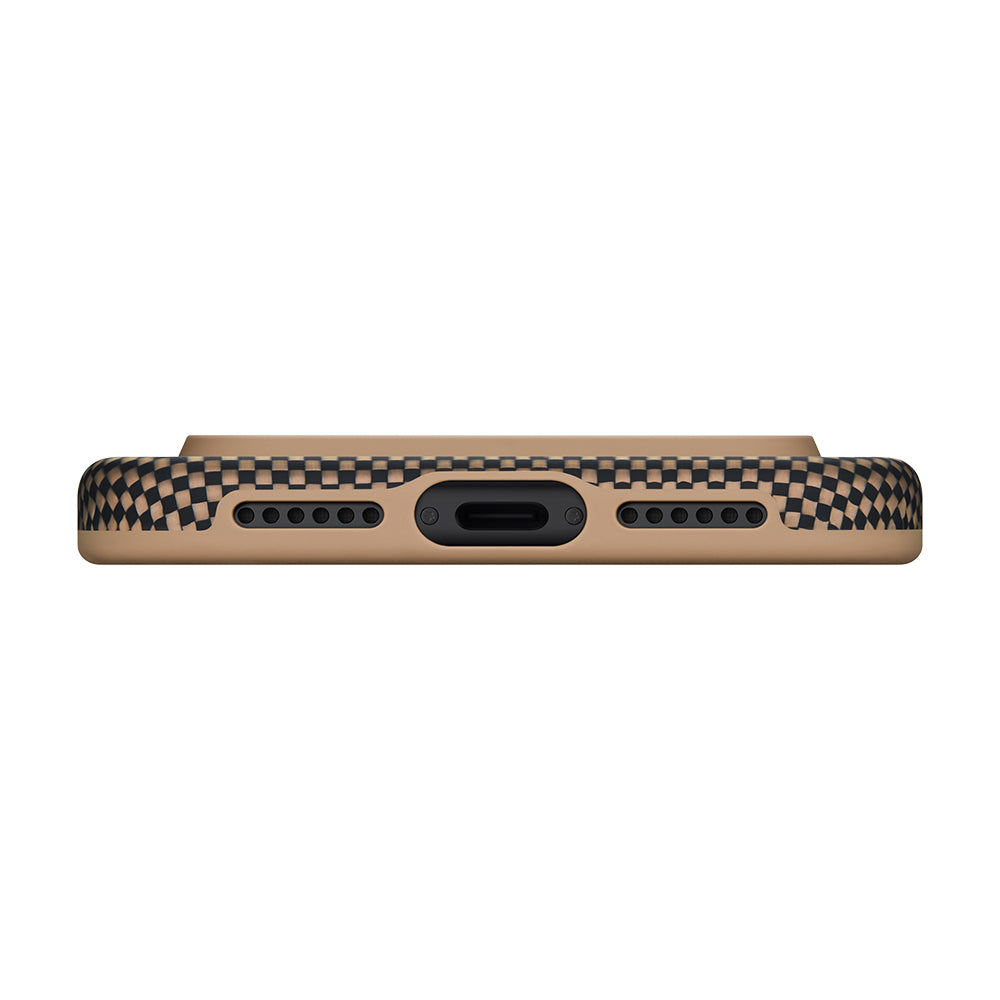 Apple iPhone 17 Pro Max Kılıf M-safe Şarj Özellikli Aramid Fiber Pitaka Military-Grade Sunset-Moonrise Serisi Sunset Kapak Kahverengi
