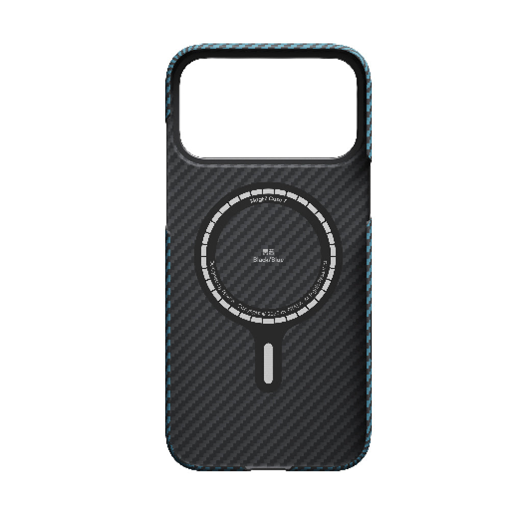 Apple iPhone 17 Pro Max Kılıf M-Safe Şarj Özellikli Kamera Kontrol Butonlu Aramid Fiber Pitaka Ultra-Slim Kapak Siyah-Mavi