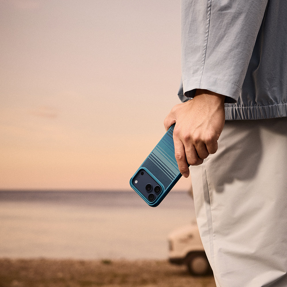 Apple iPhone 17 Pro Max Kılıf M-safe Şarj Özellikli Pitaka Tactile Woven Sunset-Moonrise Aramid Pro Guard Serisi Kapak Mavi