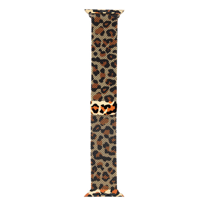 Apple Watch 42mm Zore KRD-01 Leopar Desenli Metal Kordon Sarı-Leopar