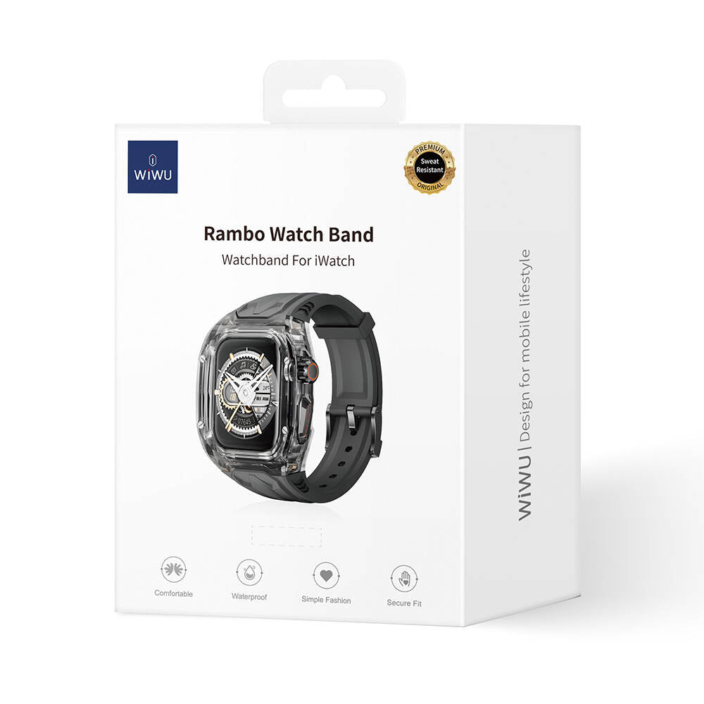 Apple Watch 44mm Wiwu Wi-WB013 Rambo Serisi 2in1 Şeffaf PC Kasa Koruyuculu Kauçuk Kordon Beyaz