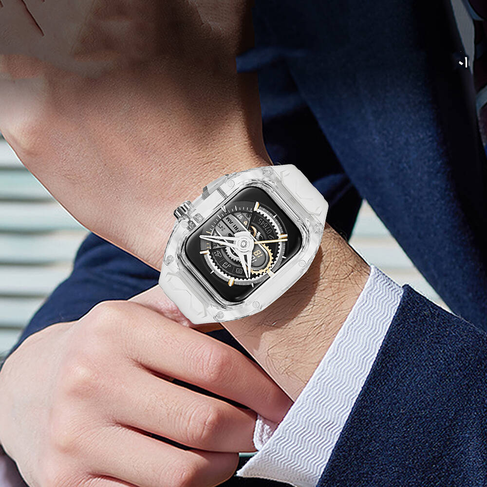 Apple Watch 44mm Wiwu Wi-WB013 Rambo Serisi 2in1 Şeffaf PC Kasa Koruyuculu Kauçuk Kordon Beyaz