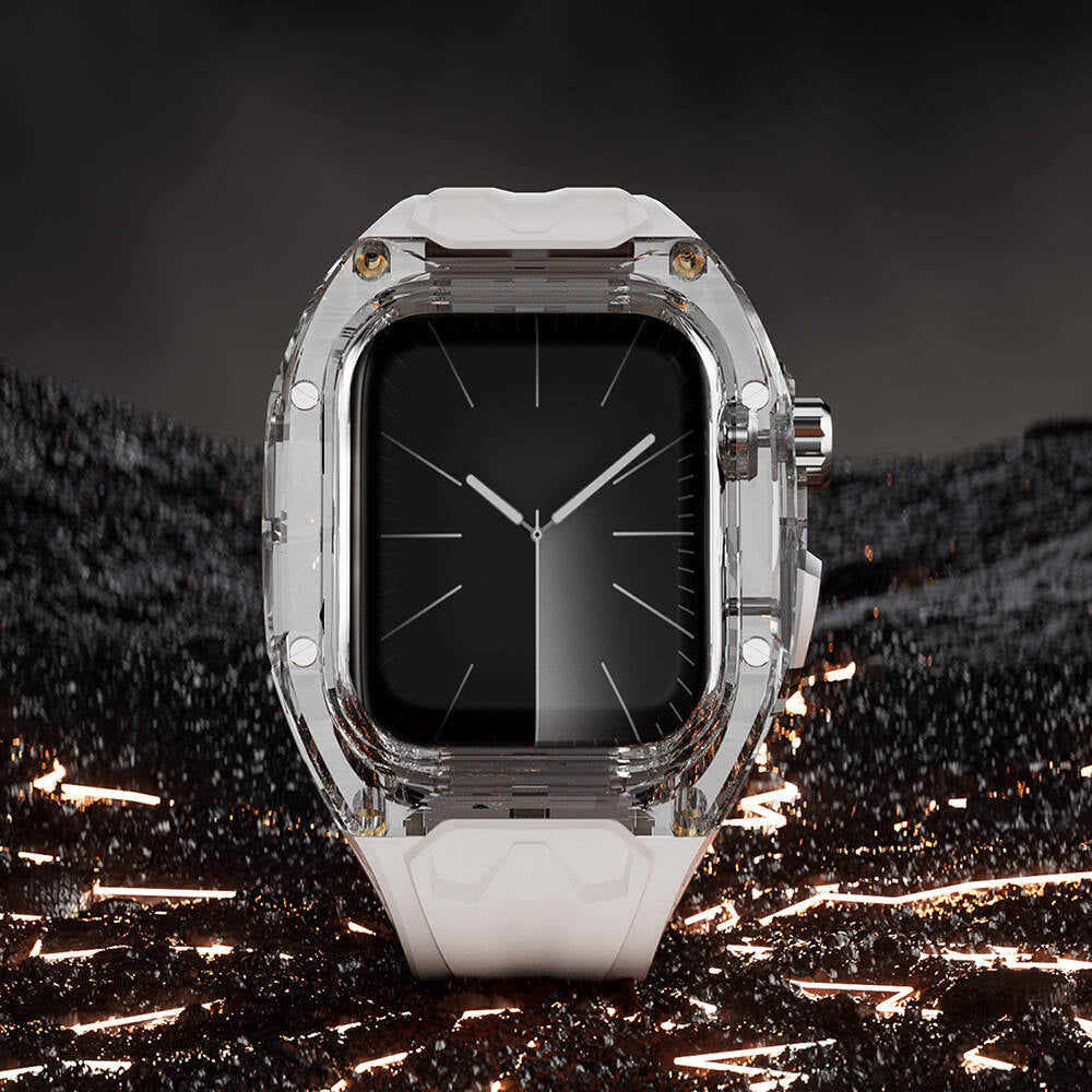 Apple Watch 44mm Wiwu Wi-WB013 Rambo Serisi 2in1 Şeffaf PC Kasa Koruyuculu Kauçuk Kordon Beyaz